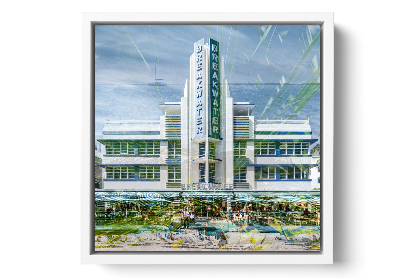 The Breakwater Ocean Drive photograph under acrylic glass with white floater frame, 15 inch artwork