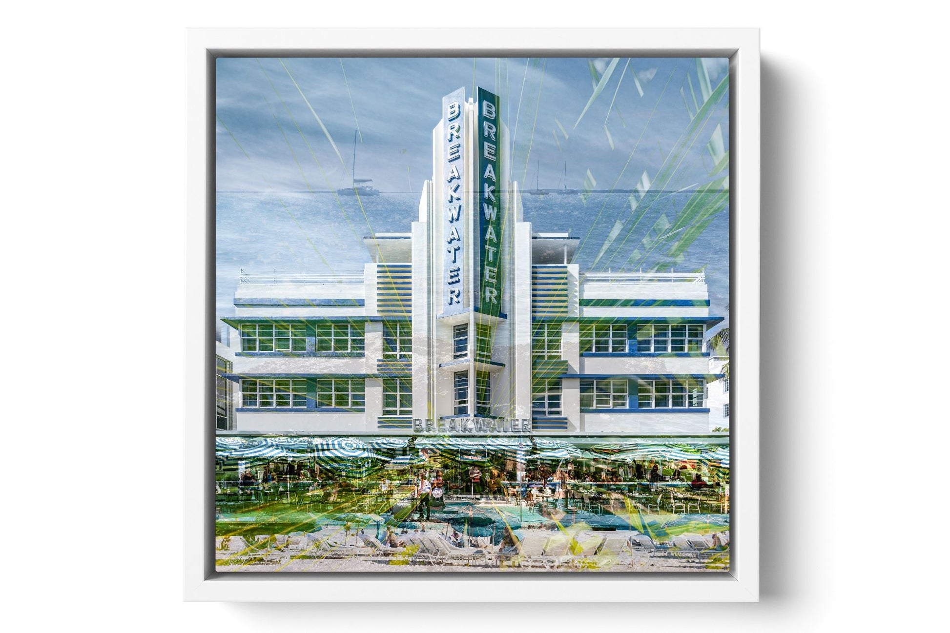 The Breakwater Ocean Drive photograph under acrylic glass with white floater frame, 15 inch artwork