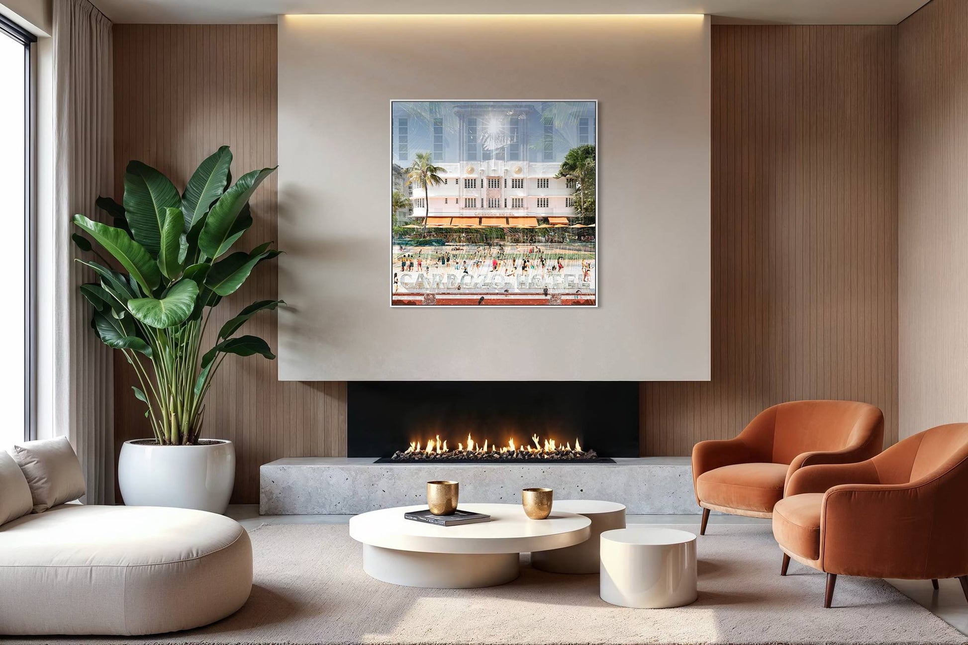 The Cardozo layered photography print displayed above a sofa in a modern living room interior