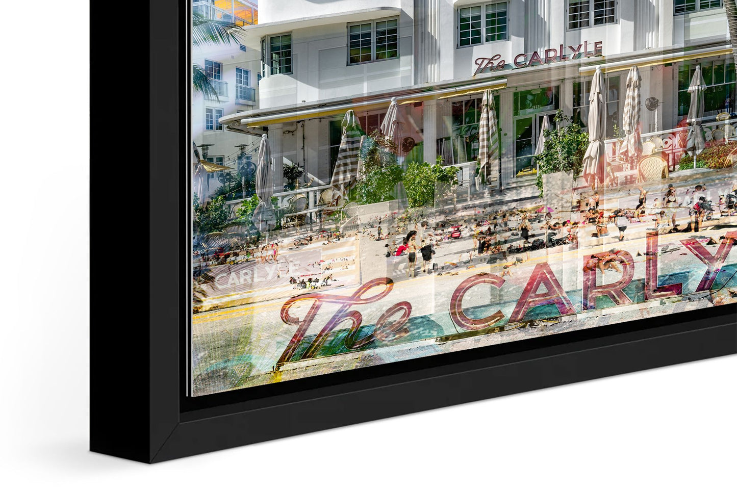 The Carlyle photograph under acrylic glass with black floater frame, close up detail