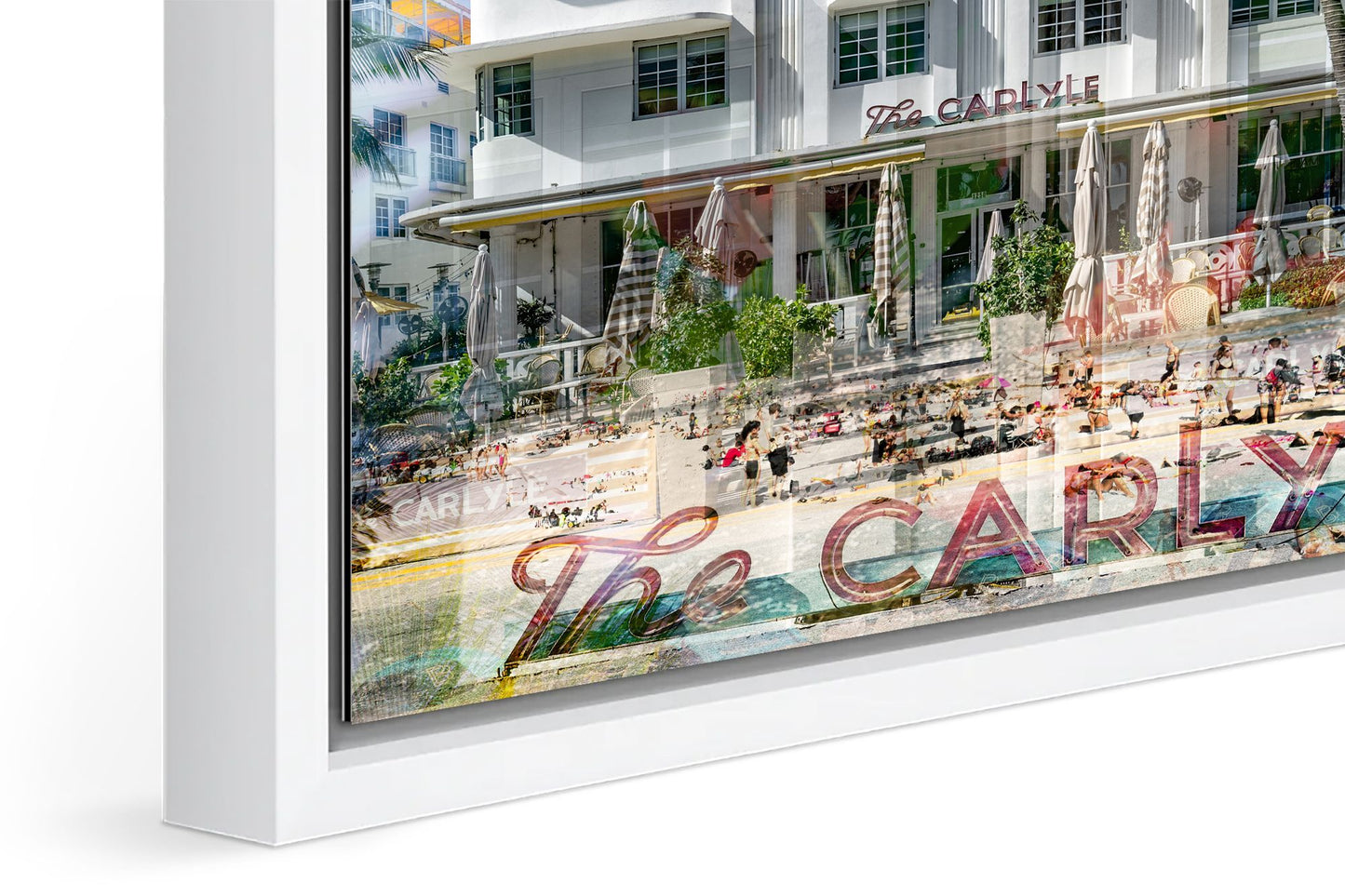 The Carlyle photograph under acrylic glass with white floater frame, close up detail