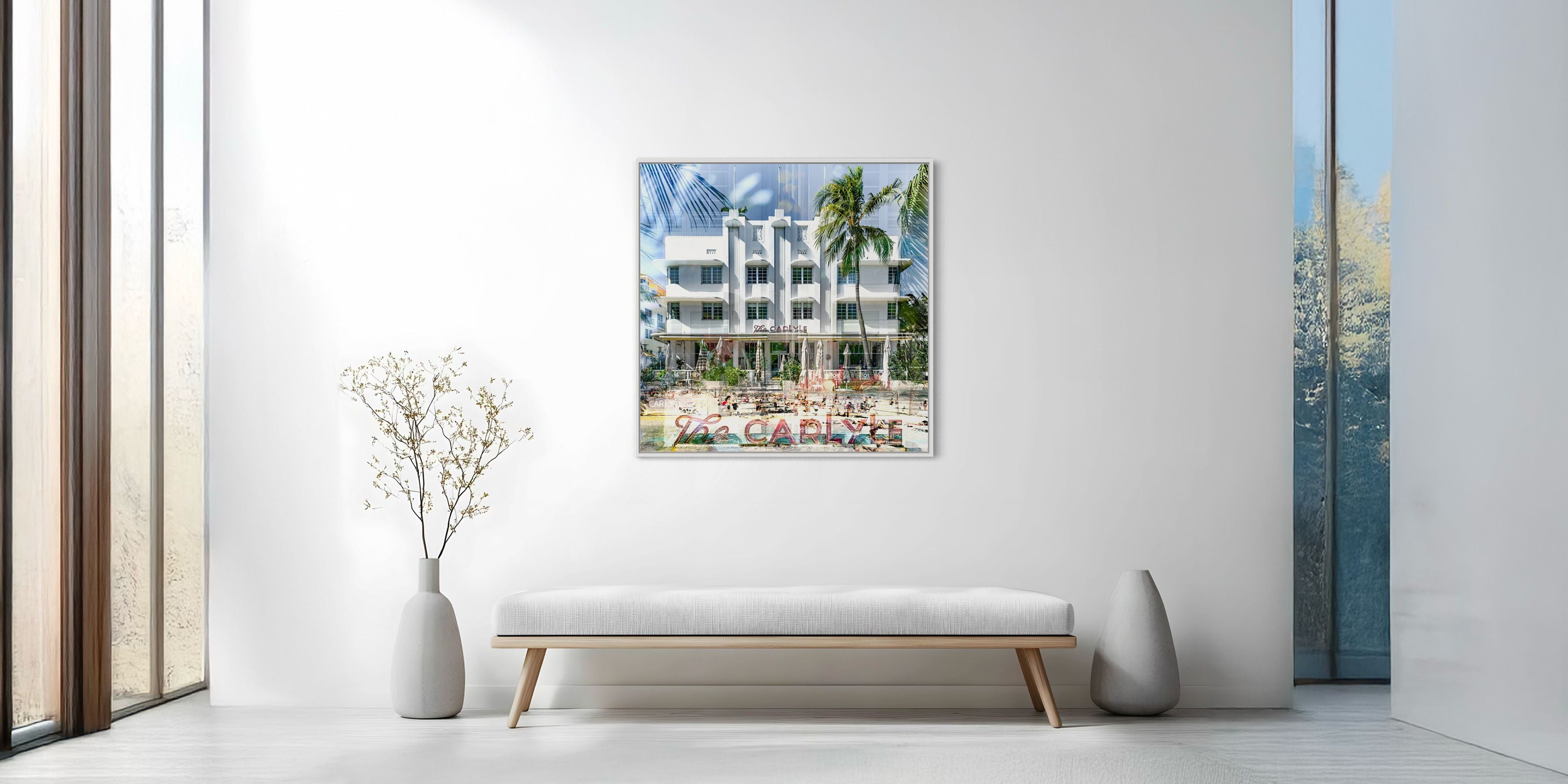 Miami Art Deco hotel fine art photography by Charlotte Fonne, The Carlyle displayed above a bench in a modern interior