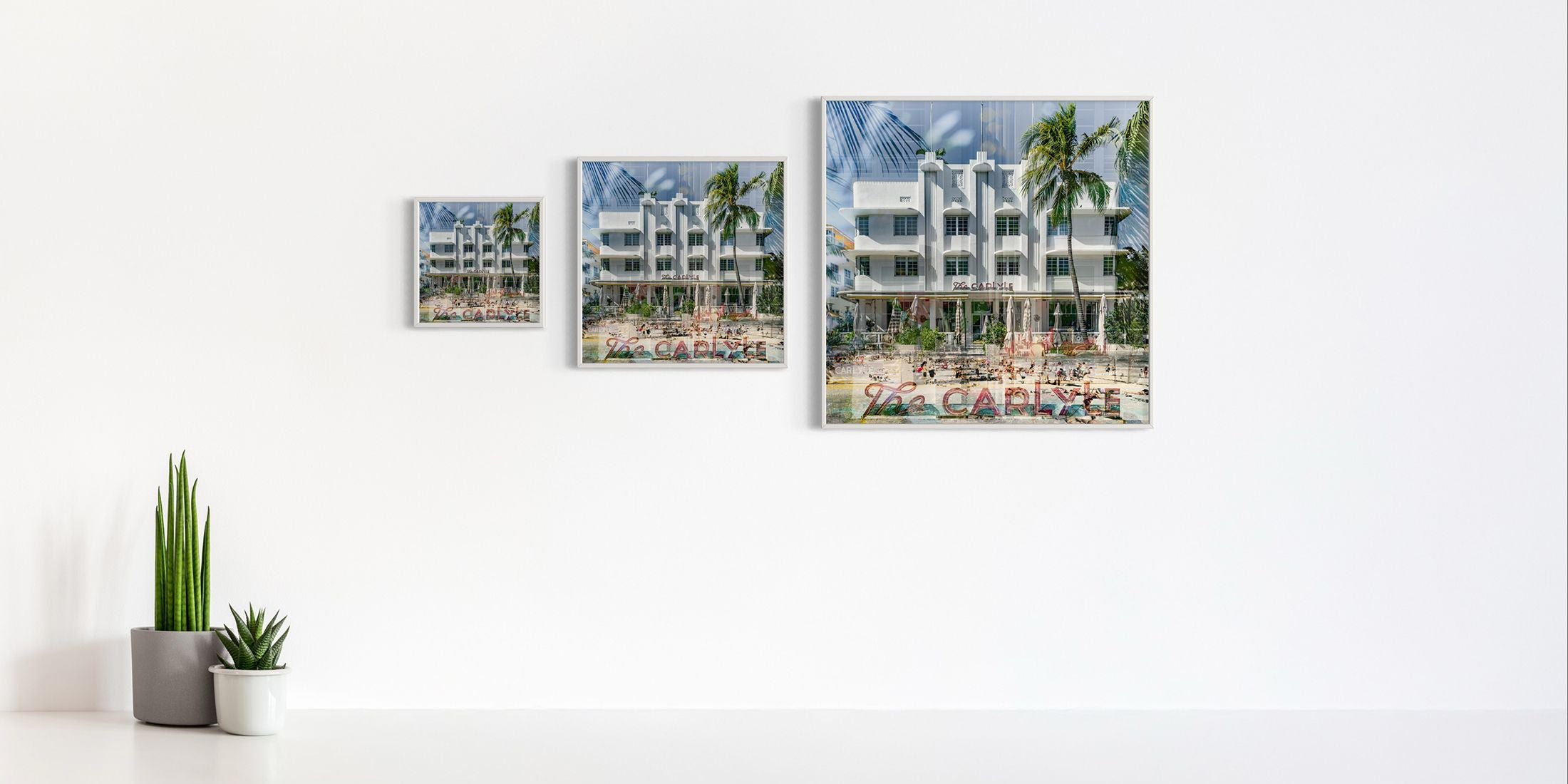 Miami Art Deco hotel fine art photography by Charlotte Fonne, The Carlyle shown in three sizes on a wall