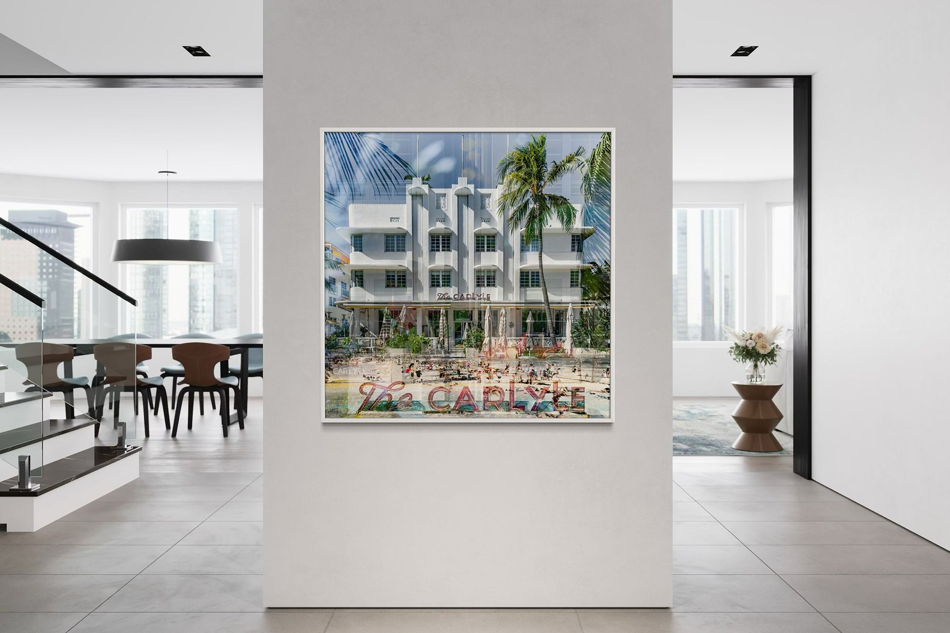 The Carlyle layered photography print displayed on the wall in a living room interior