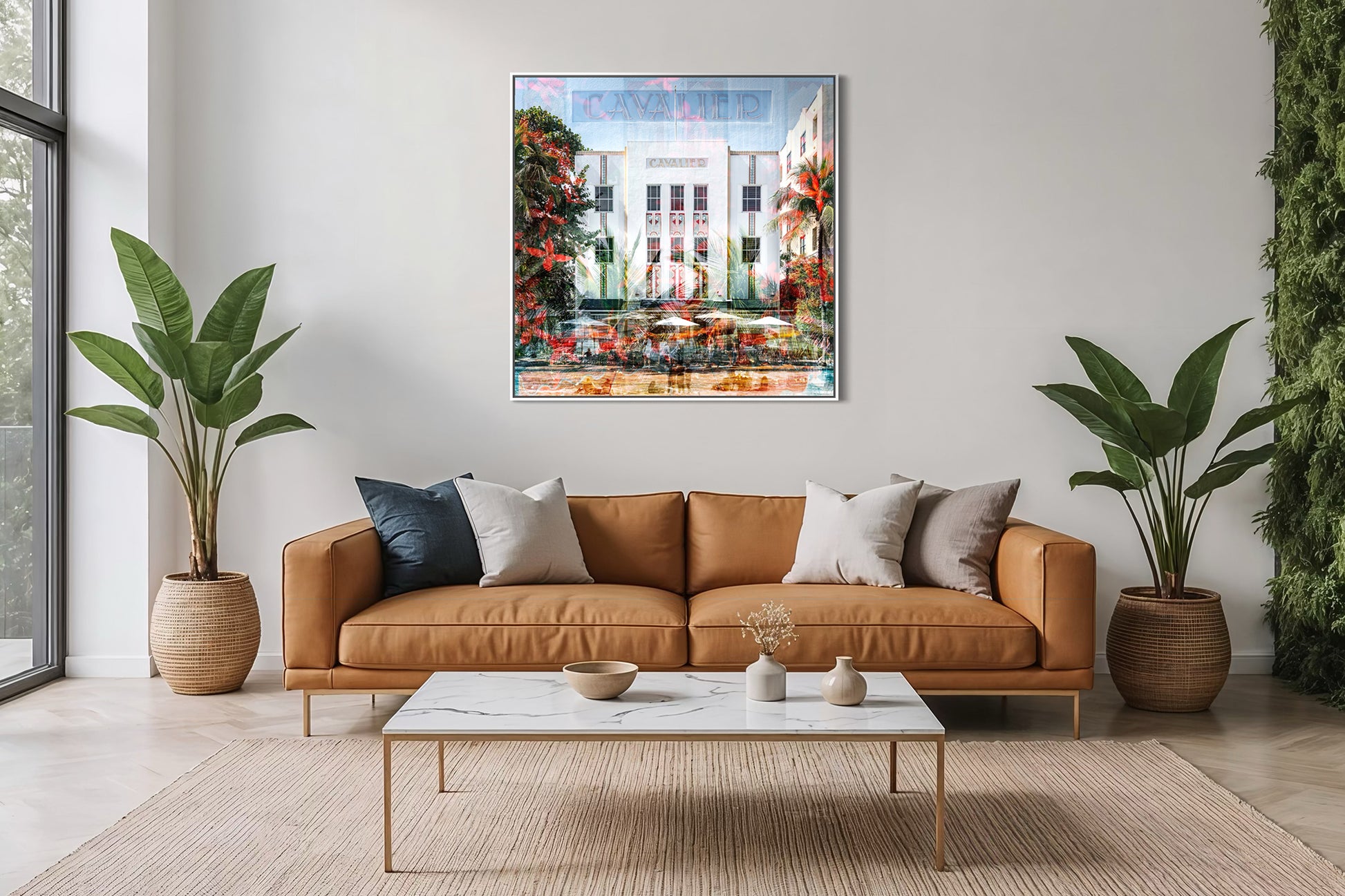 The Cavalier layered photography print displayed above a sofa in a modern living room interior