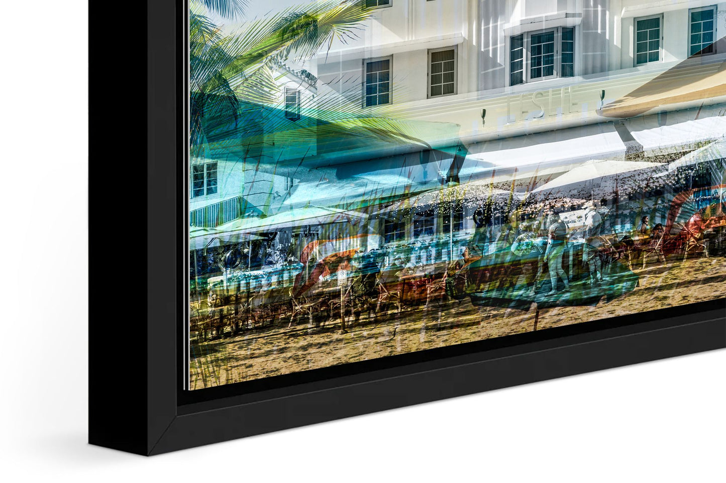 The Leslie photograph under acrylic glass with black floater frame, close up detail