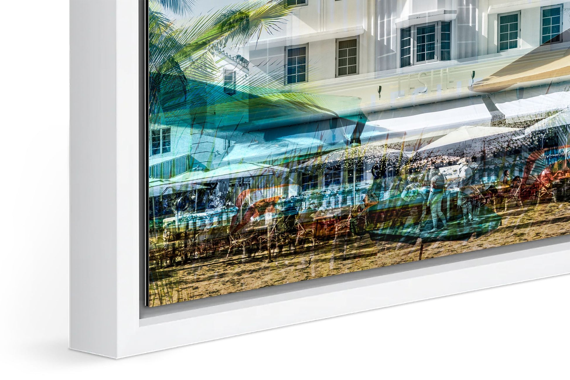 The Leslie photograph under acrylic glass with white floater frame, close up detail