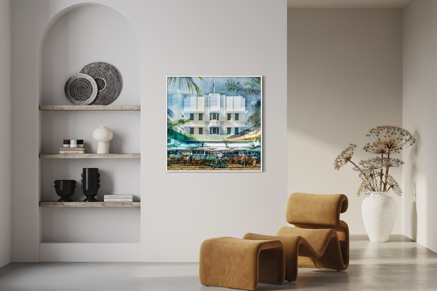 The Leslie layered photography print displayed on a feature wall in a modern living room interior