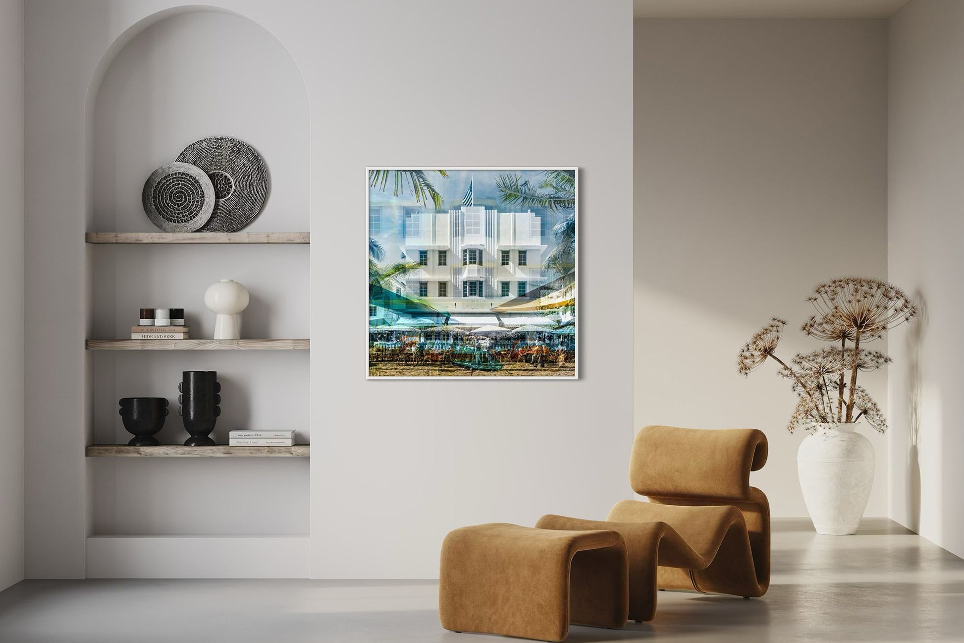 The Leslie layered photography print displayed on a feature wall in a modern living room interior