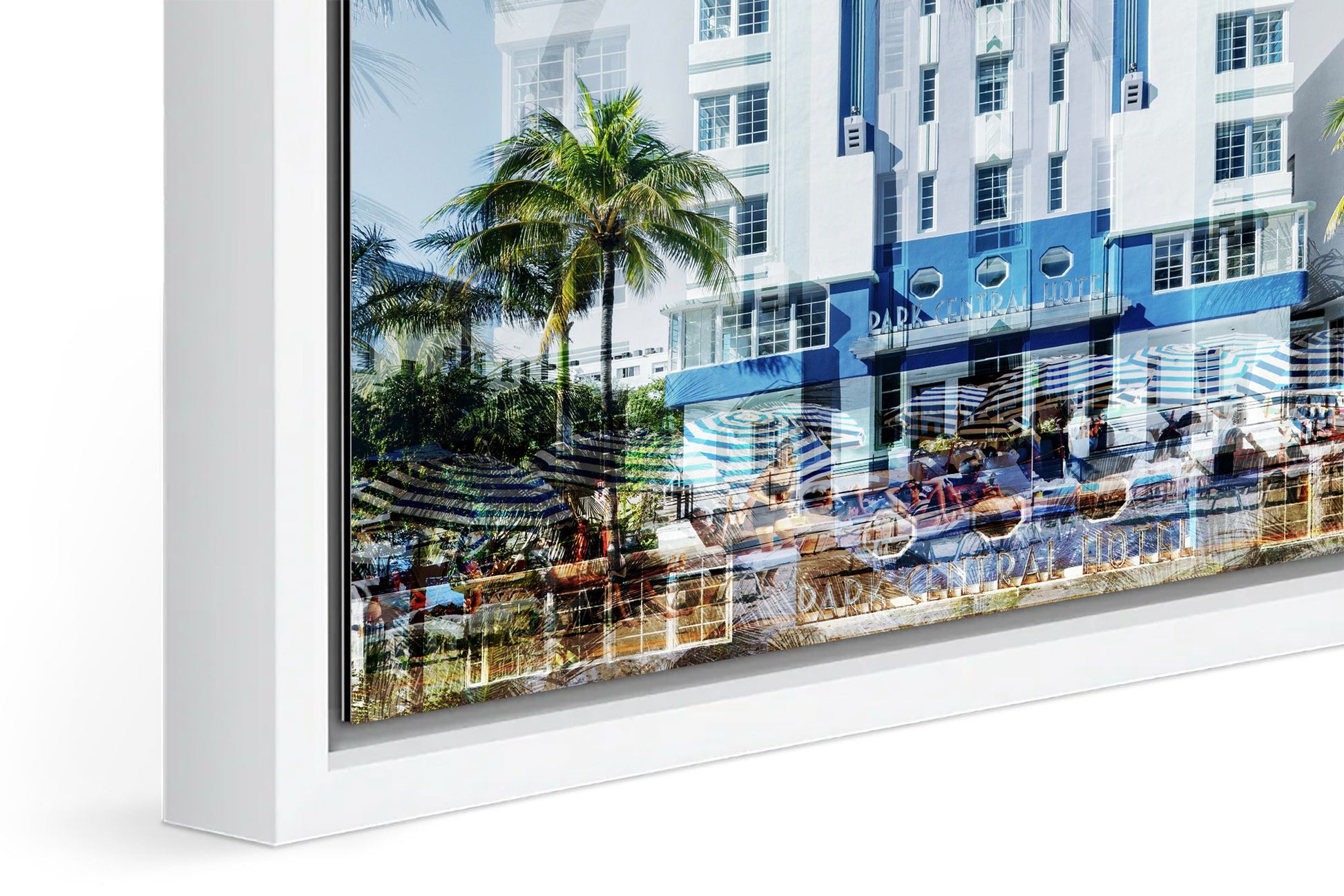 The Park Central photograph under acrylic glass with white floater frame, close up detail