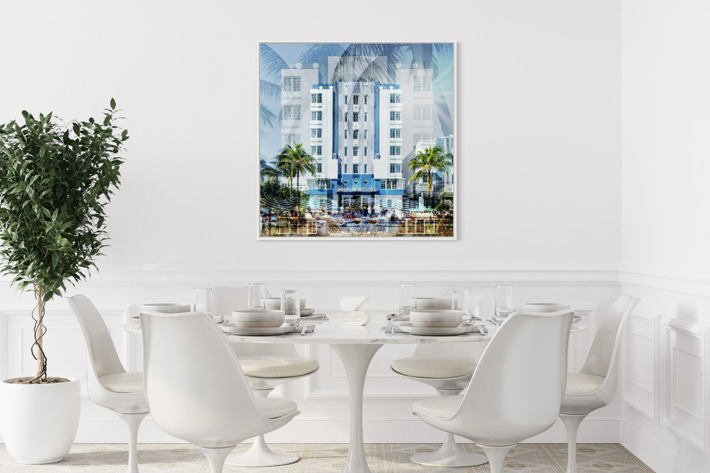 The Park Central layered photography print displayed on a wall in a modern dining room interior