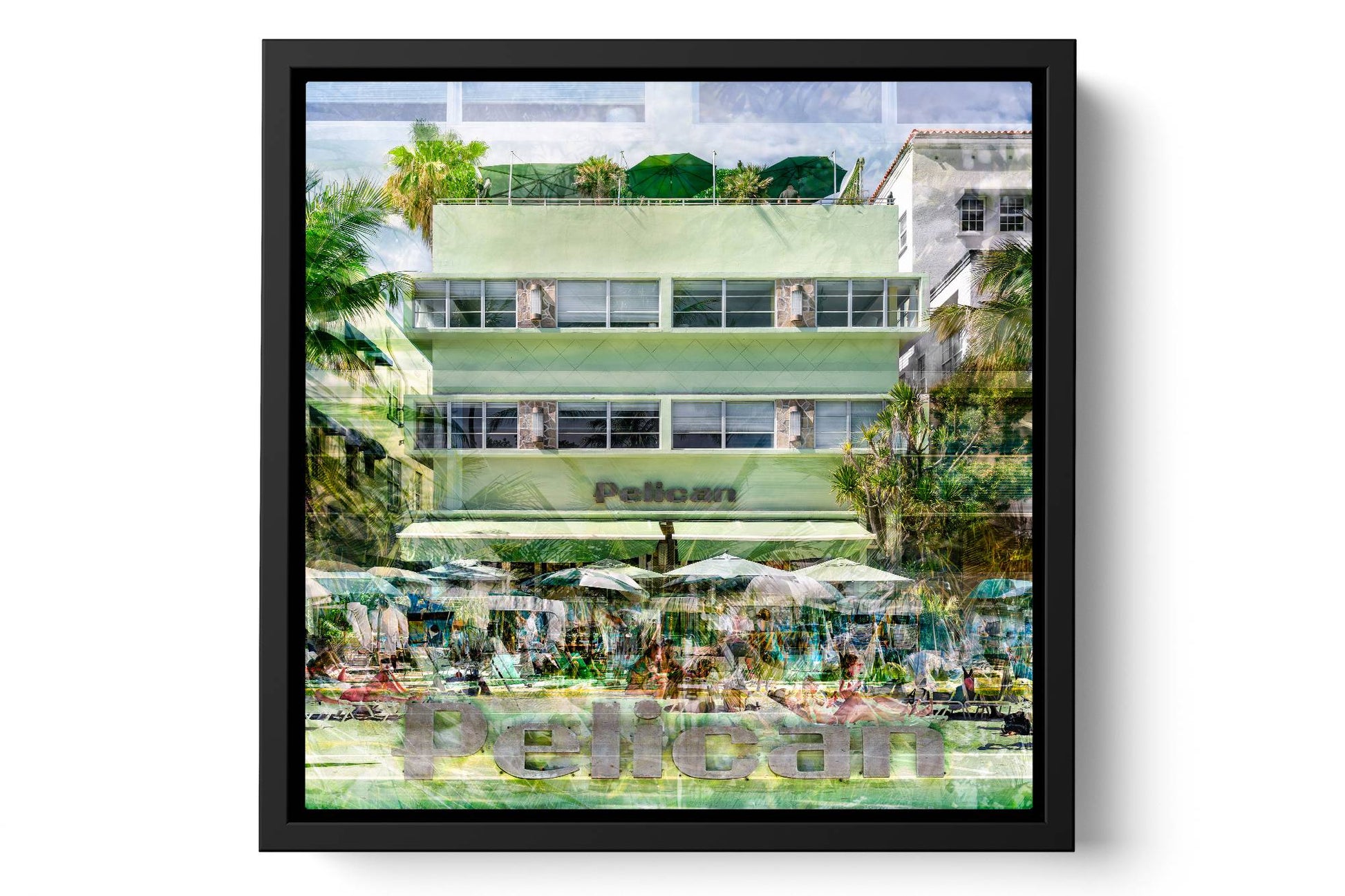 The Pelican Ocean Drive photograph under acrylic glass with black floater frame, 15 inch artwork