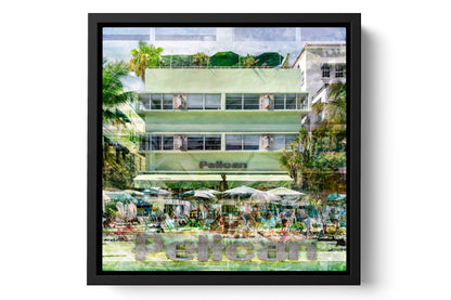The Pelican Ocean Drive photograph under acrylic glass with black floater frame, 15 inch artwork