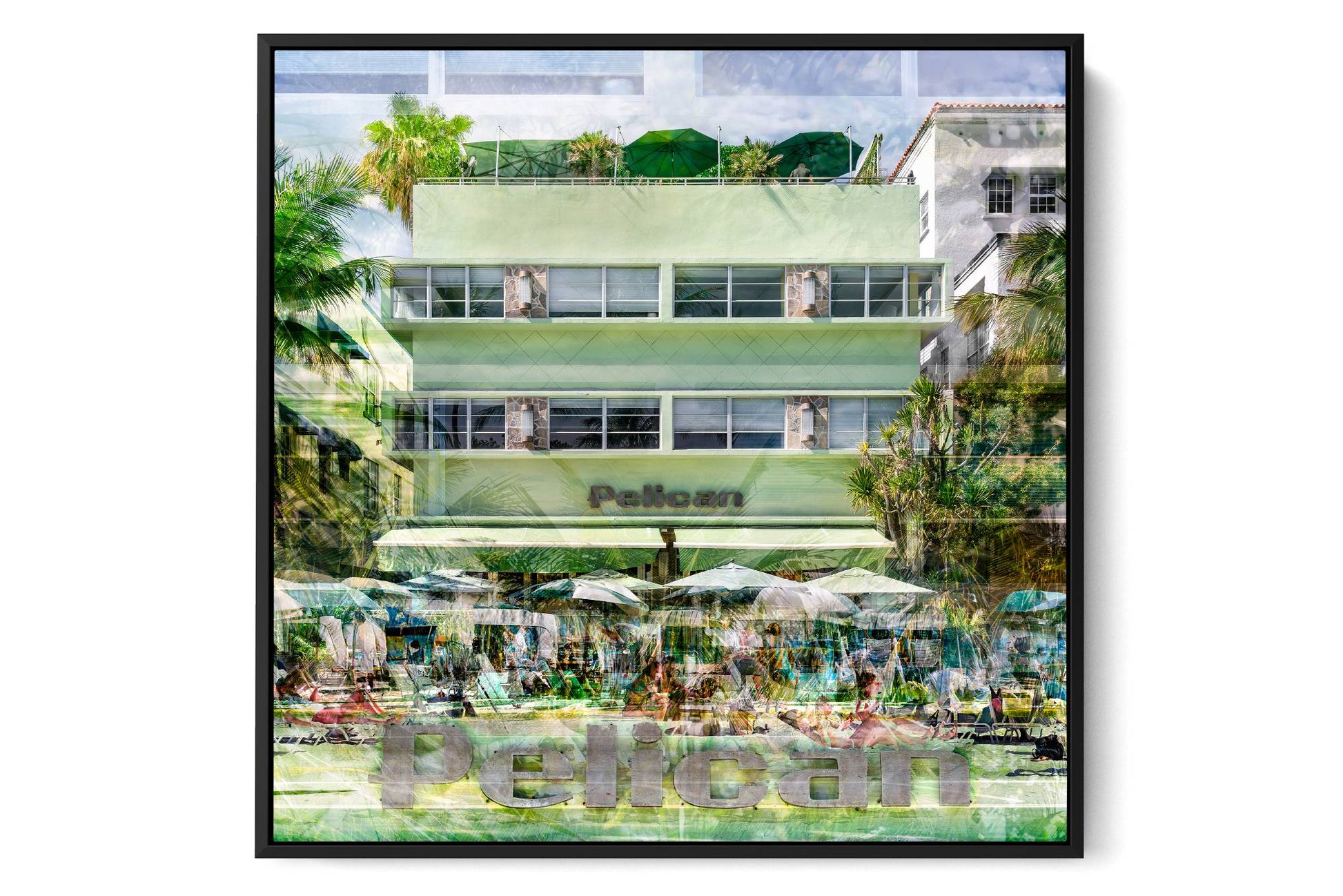 The Pelican Ocean Drive photograph under acrylic glass with black floater frame, larger sizes