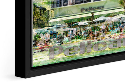 The Pelican photograph under acrylic glass with black floater frame, close up detail