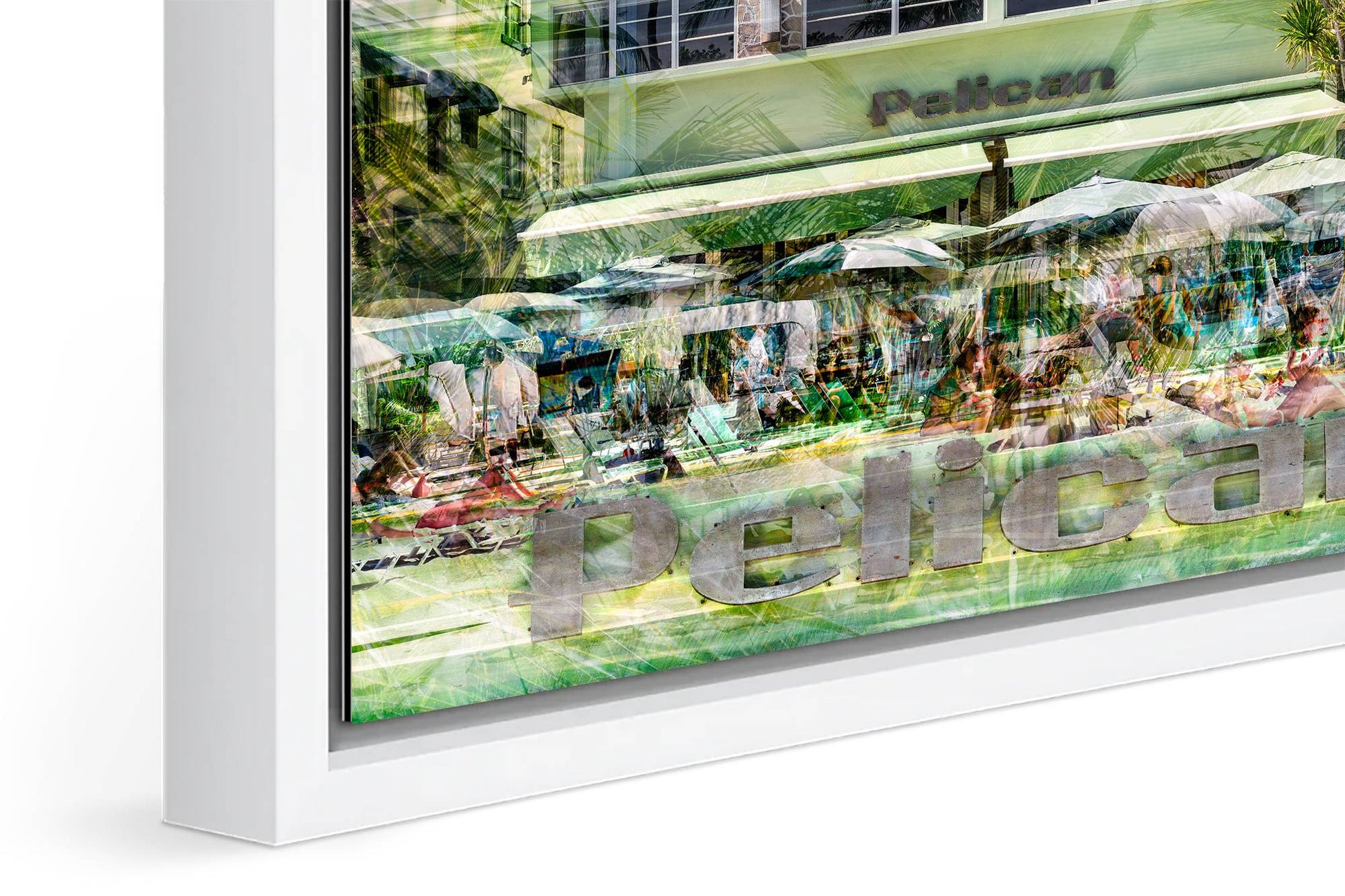 The Pelican photograph under acrylic glass with white floater frame, close up detail