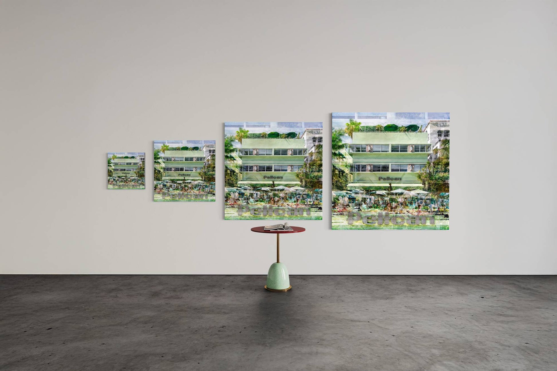 The Pelican limited edition photography print shown in three sizes, 15, 25,40 and 48 inches square