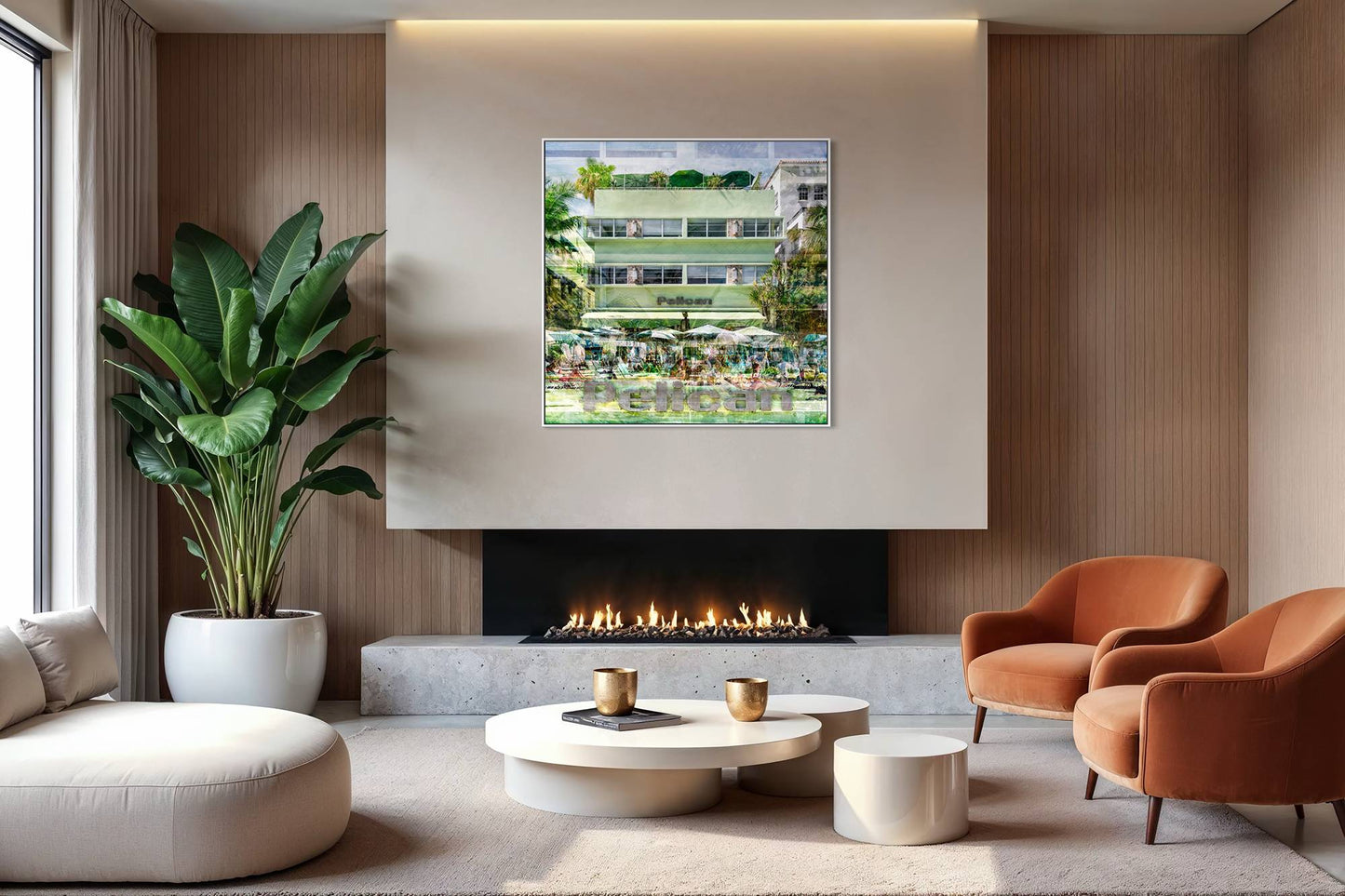 The Pelican layered photography print displayed above a fireplace in a modern living room interior