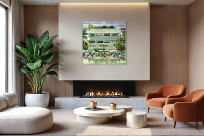 The Pelican layered photography print displayed above a fireplace in a modern living room interior