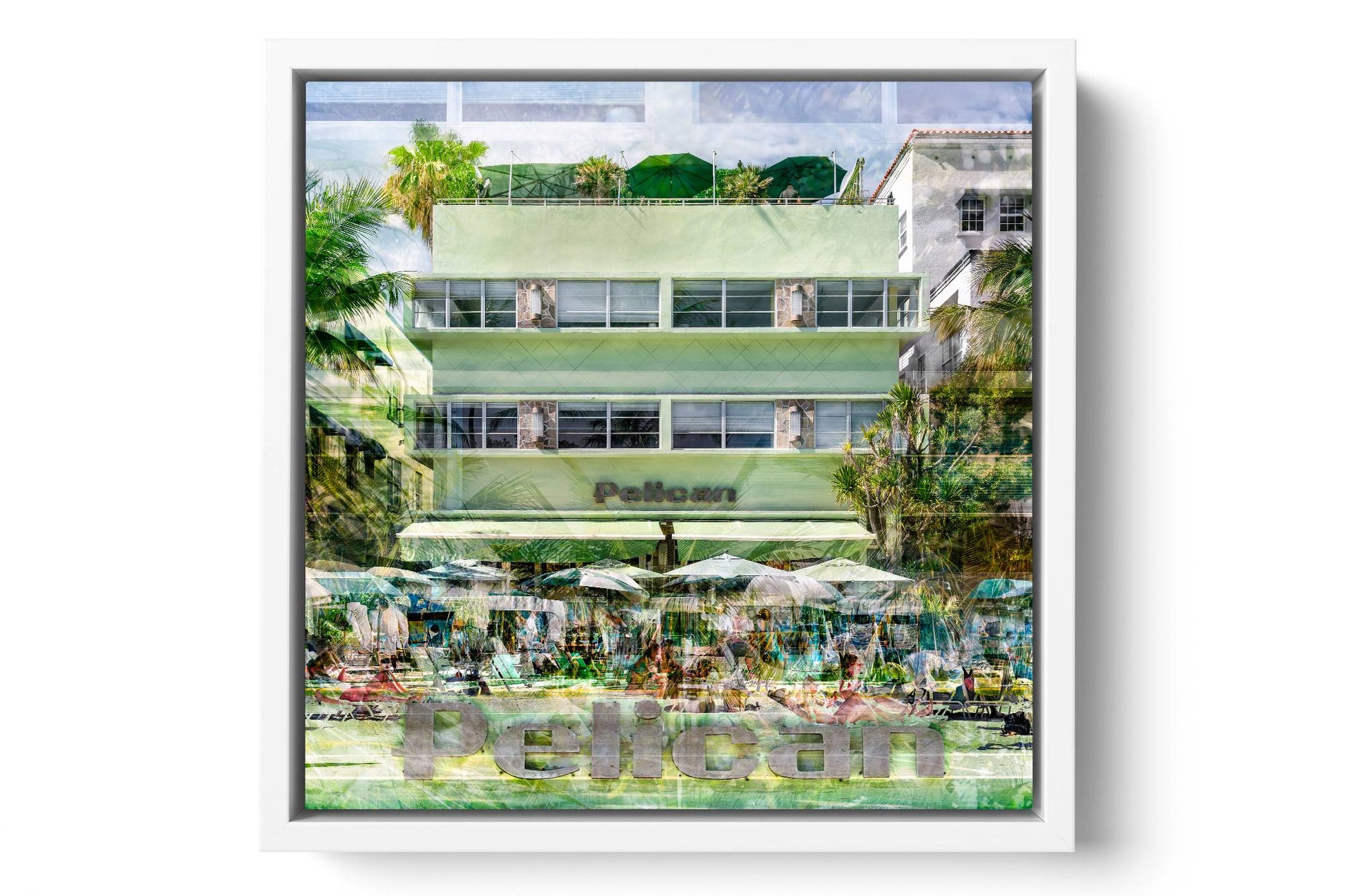 The Pelican Ocean Drive photograph under acrylic glass with white floater frame, 15 inch artwork