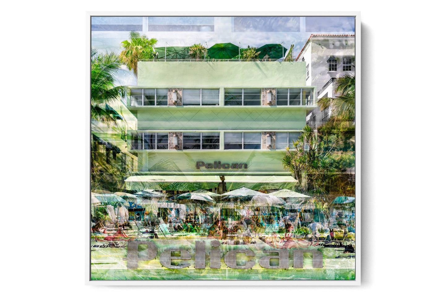 The Pelican Ocean Drive photograph under acrylic glass with white floater frame, larger sizes
