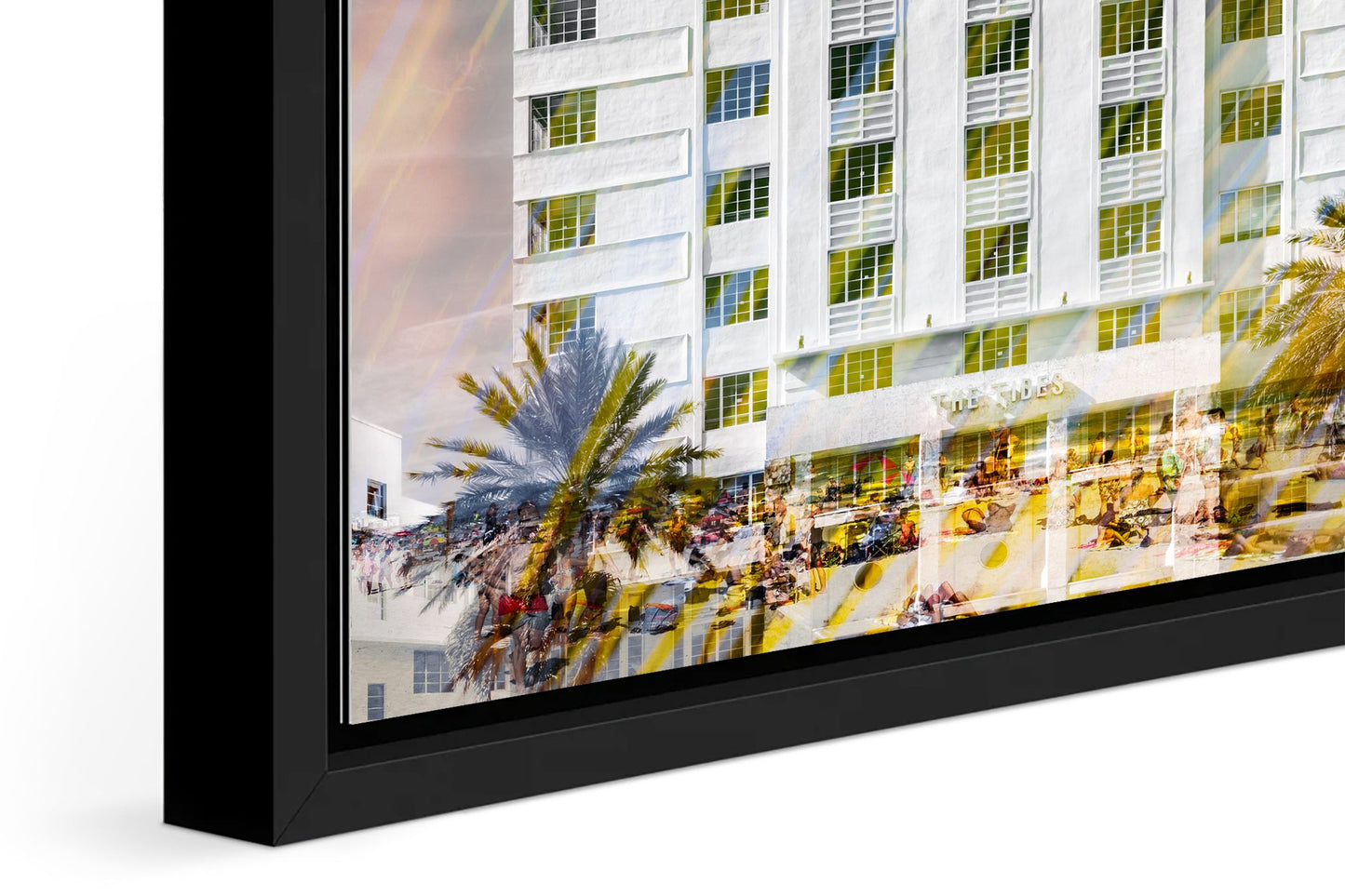 The Tides photograph under acrylic glass with black floater frame, close up detail
