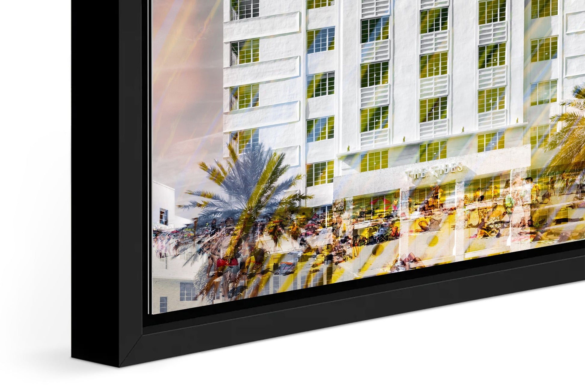 The Tides photograph under acrylic glass with black floater frame, close up detail
