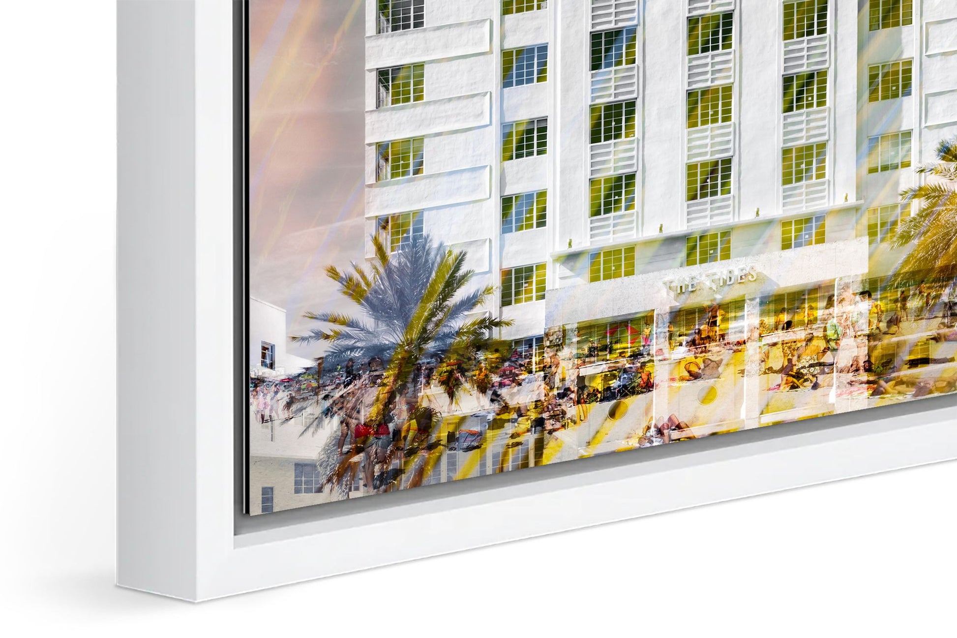 The Tides photograph under acrylic glass with white floater frame, close up detail