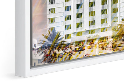 The Tides photograph under acrylic glass with white floater frame, close up detail