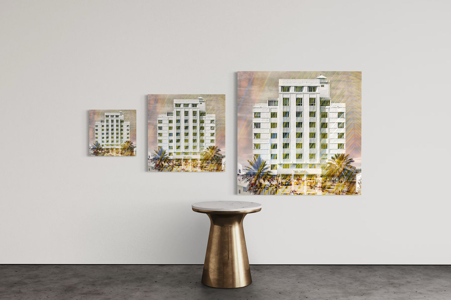 The Tides limited edition photography print shown in three sizes, 15, 25, and 40 inches square