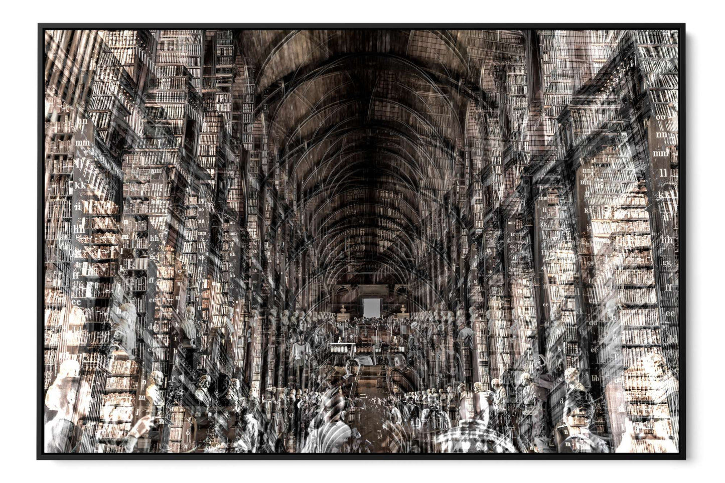 Trinity Library layered photograph under acrylic glass with black floater frame, 40 by 60 inch artwork