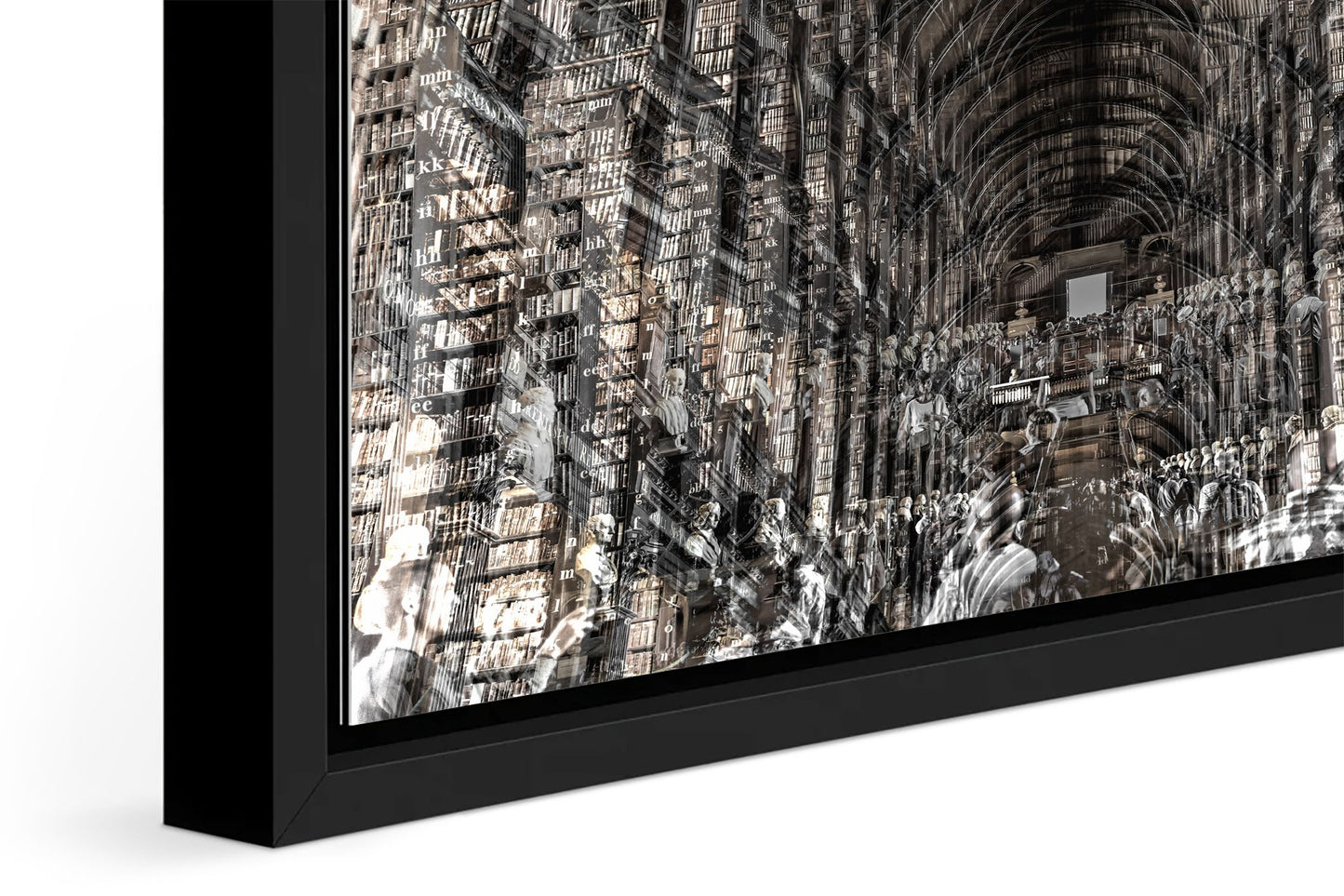 Trinity Library photograph under acrylic glass with black floater frame, close up detail