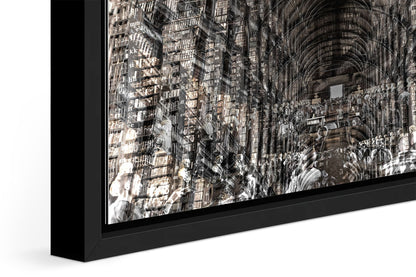 Trinity Library photograph under acrylic glass with black floater frame, close up detail