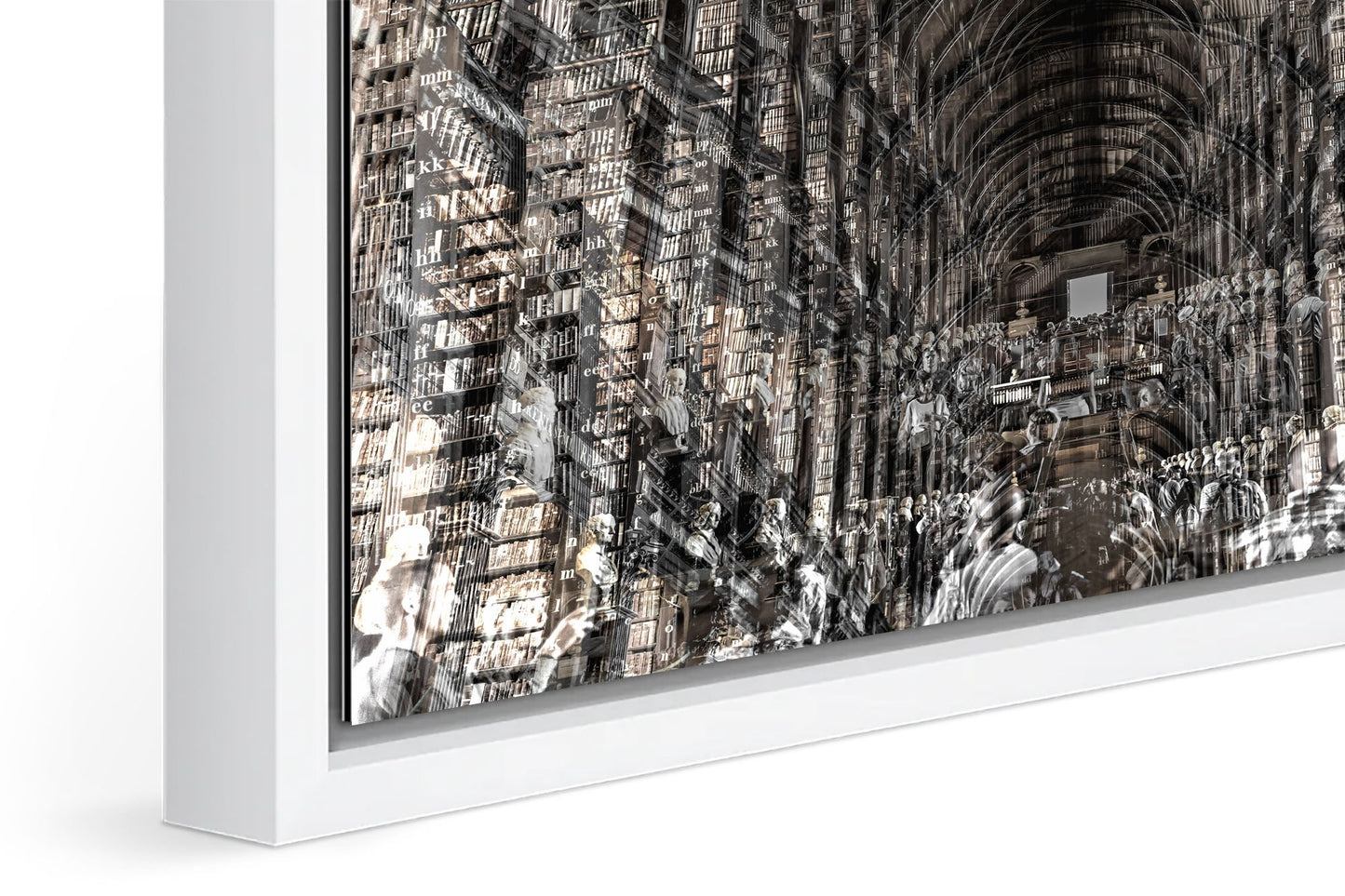 Trinity Library photograph under acrylic glass with white floater frame, close up detail