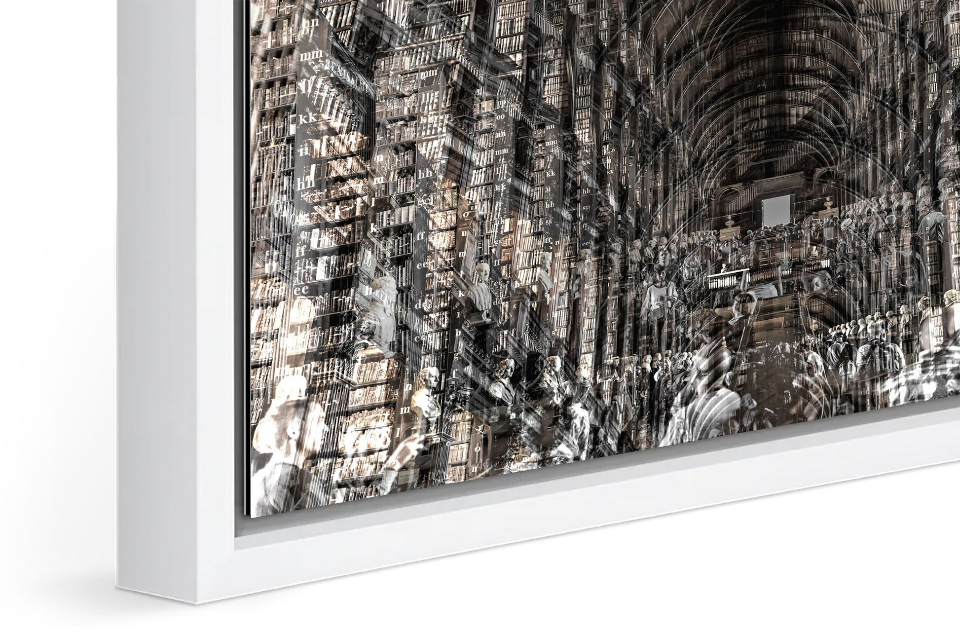 Trinity Library photograph under acrylic glass with white floater frame, close up detail