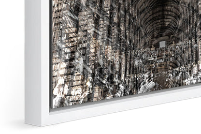 Trinity Library photograph under acrylic glass with white floater frame, close up detail