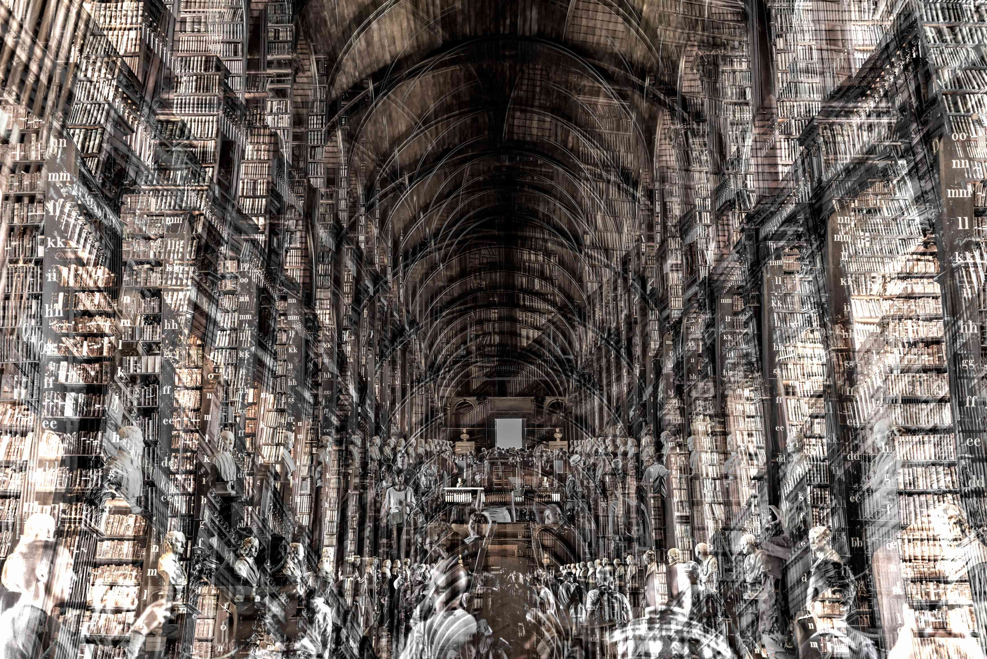 Trinity Library photography print by Charlotte Fonne, the Long Room at Trinity College Dublin layered into one image, from the Broken Series