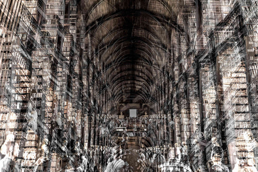 Trinity Library photography print by Charlotte Fonne, the Long Room at Trinity College Dublin layered into one image, from the Broken Series
