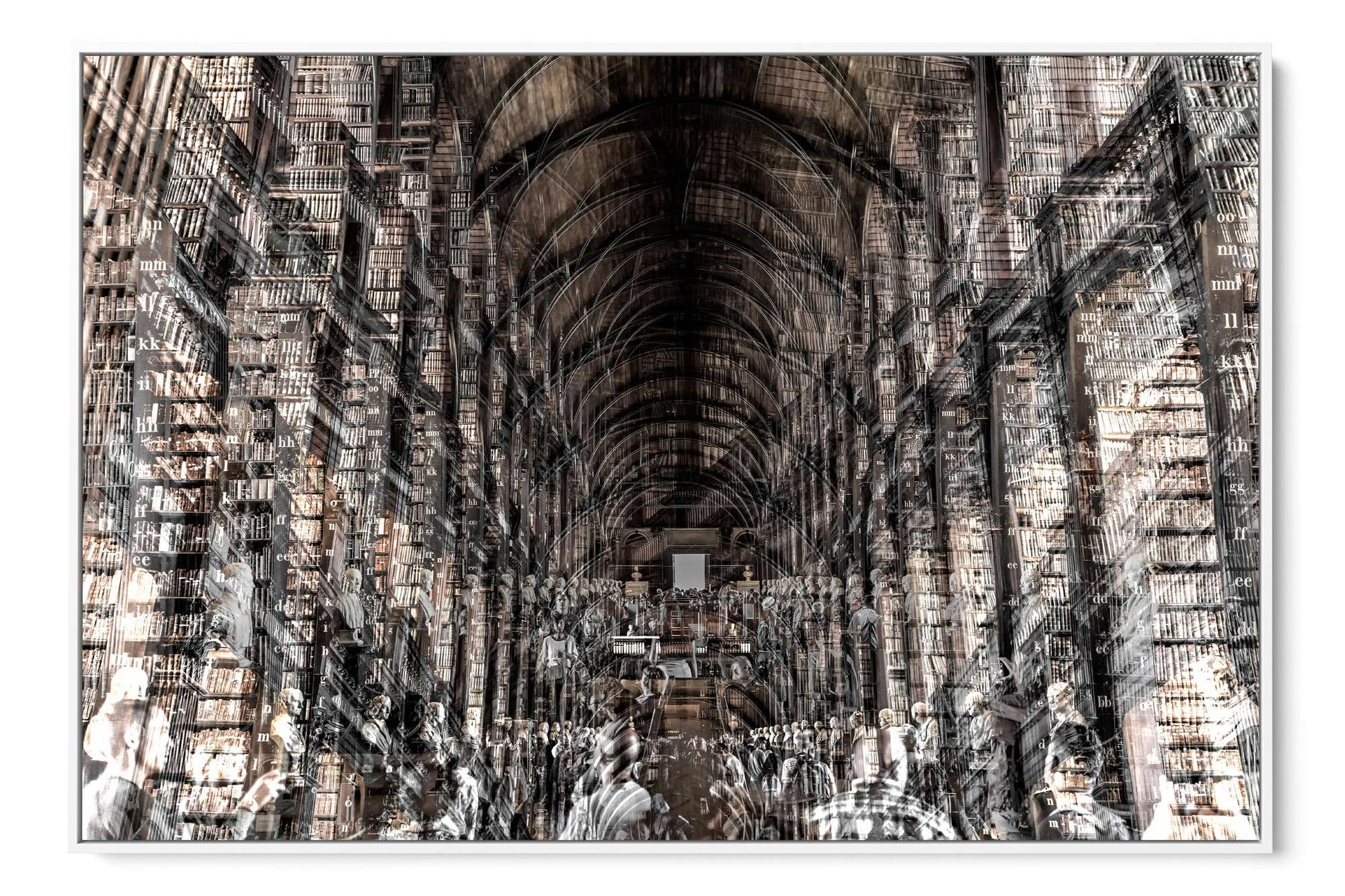 Trinity Library layered photograph under acrylic glass with white floater frame, 40 by 60 inch artwork