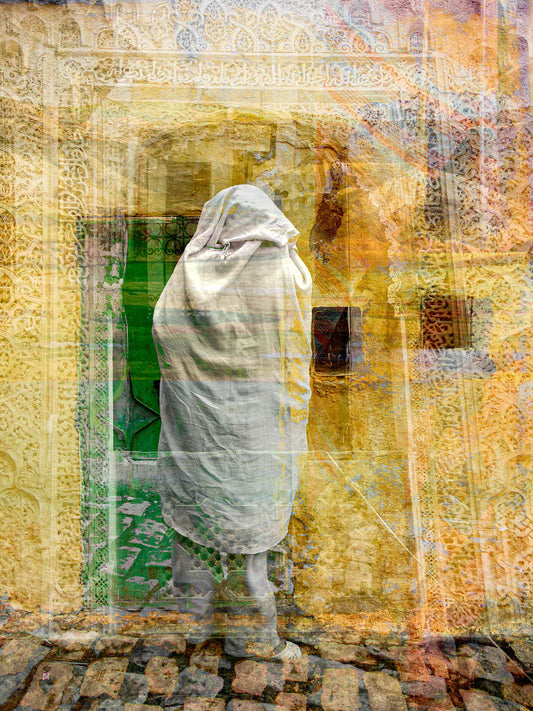 Woman in White Haik portrait photography print by Charlotte Fonne, a woman seen from behind, layered with a village near Fez, Morocco, from the Reflection Series